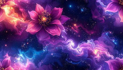 Vivid floral fantasy featuring radiant, cosmic flowers amidst swirling nebulae and stardust.