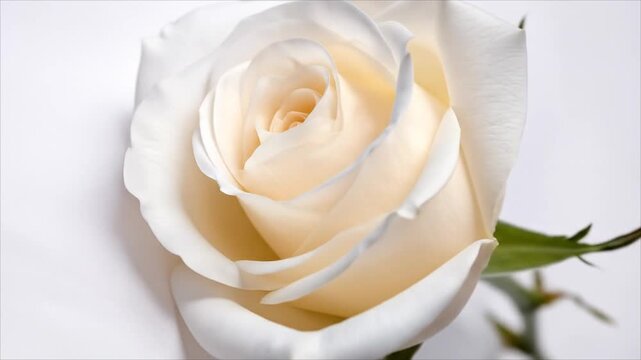 Elegant, creamy white rose blossom with delicate, spiraling petals, softly lit