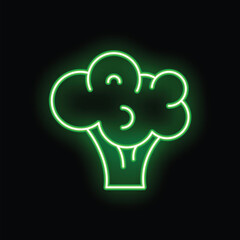 Bright green neon sign is glowing in the dark, representing a healthy broccoli vegetable