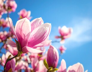Fototapeta premium Pink magnolia blossoms in full bloom against a bright, clear blue sky