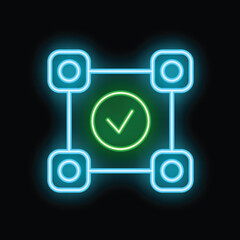 Glowing neon flowchart with a green check mark is illustrating a validation process