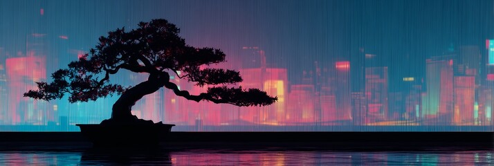 Silhouette bonsai against neon skyline, tranquil Japanese minimalism meets futuristic cityscape in soft rain atmosphere.