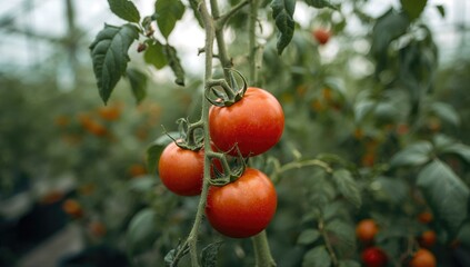 Lush tomato plants bearing bright red fruit inside a controlled environment.