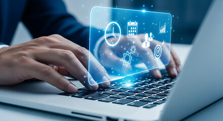 Businessman typing on a laptop with task management and workflow automation icons, planning, scheduling, and productivity improvement.