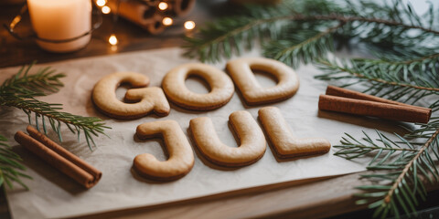 Swedish text God Jul made of gingerbread cookies, cozy Christmas scene with fir branches and cinnamon sticks