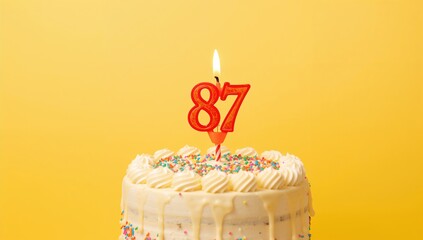 Birthday Cake Featuring an 87-Shaped Candle Against a Yellow Backdrop