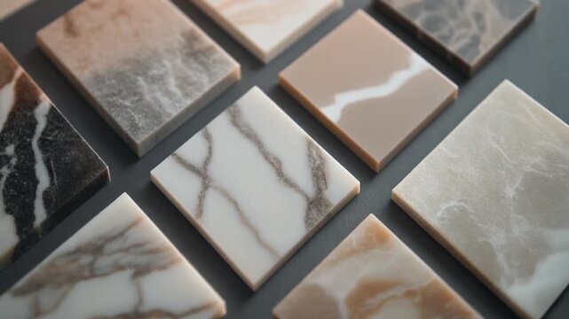 Various marble and stone samples are arranged in a geometric layout on a studio surface