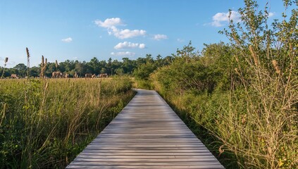 Obraz premium Scenic pathway made of wood at a nature reserve with diverse wildlife