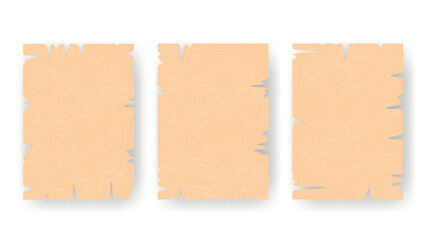Fototapeta premium Three old paper sheets. Torn, textured kraft sheets with ragged edges for backgrounds. Templates for cards, flyers, booklets, design, vector graphics