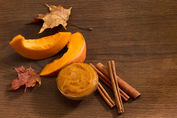 Autumn Pumpkin Spice butter. A cozy autumn composition with pumpkin, cinnamon sticks,