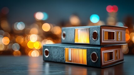 Photorealistic close-up of two stacked ring binders on a dark office desk. The background is a beautifully blurred view of city lights through a window.