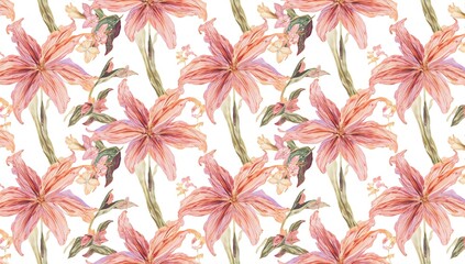 Pastel-colored blooming lily flowers in a seamless 2D pattern, ideal for fabric and wallpaper design