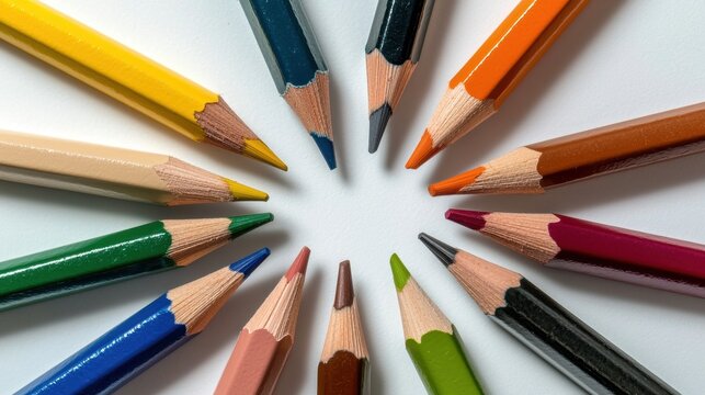 Colorful Pencils Arranged in a Circular Pattern on a White Background - Powered by Adobe