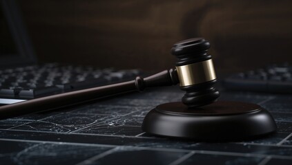 Computer keyboard and judge's gavel placed on a dark ceramic tabletop.