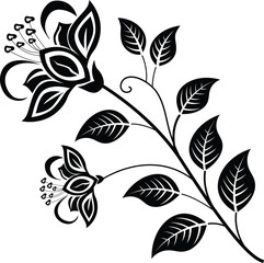 Vector black and white illustration of a flowering branch with detailed petals and leaves isolated on white background