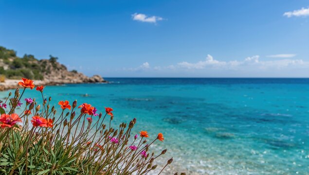 Flowers along the shoreline at Le Bombarde beach, showcasing seasonal change