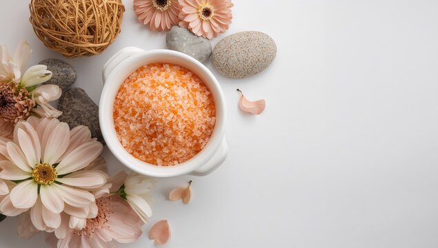 Bowl filled with vibrant orange salt alongside spa stones, decorative rattan sphere, and flowers on a plain white backdrop