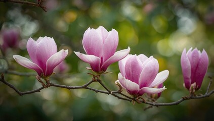 Obraz premium Magnolia tree in bloom with flowers and bokeh effect, seasonal beauty
