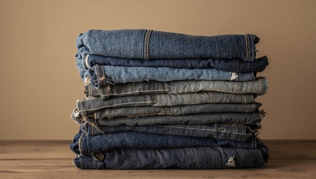 Stack of rolled vintage jeans, ideal for fashion layout or editorial use