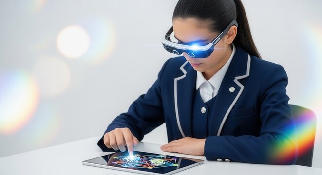 Young student in AR smart glasses using a digital tablet for interactive learning. The future of education and technology. Beta Generation and STEM concept