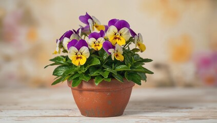 Vibrant viola tricolor flowers flourishing in a flower pot, ideal for seasonal decor