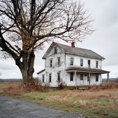 Dilapidated farmhouse stands beside large, bare tree under an overcast sky