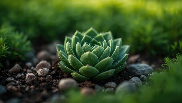 Close-up of a lush green succulent plant in a natural garden setting