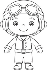 Cute cartoon pilot character standing ready for aviation adventures in outline style drawing