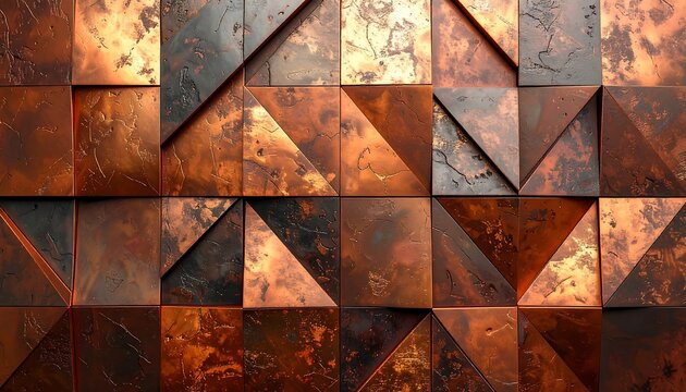 Geometric abstract design, showcasing a textured wall comprised of square and triangular tiles. Metallic and warm tones. The arrangement is visually engaging