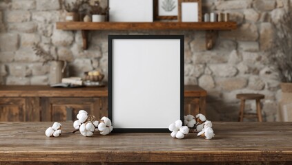 Black frame mockup with white backdrop. Cotton blooms and blank template on wooden surface. Shelf adorned with decorative items against stone wall. Space for text