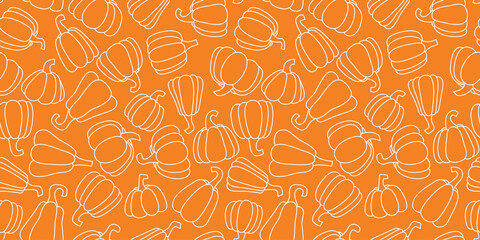 Seamless pattern silhouette of pumpkins on orange background. Autumn background with gourd vegetables. Fall vegetables for printing on paper, packaging, design, vector graphics