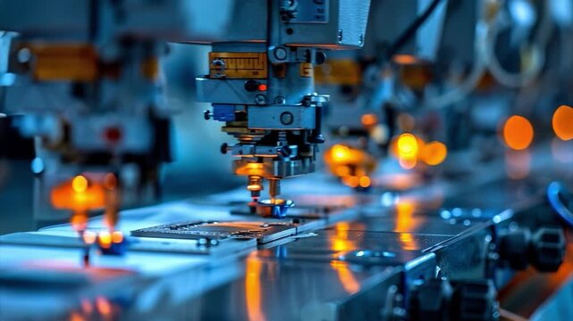Complex machinery is actively working on a production line in a factory. The scene is filled with bright lights and intricate parts as items are assembled efficiently and precisely