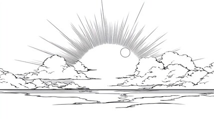 Fototapeta premium Dramatic monochrome sunrise over water with clouds and radiating light