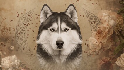 Artistic depiction of a husky alongside poppy seeds and a Celtic emblem