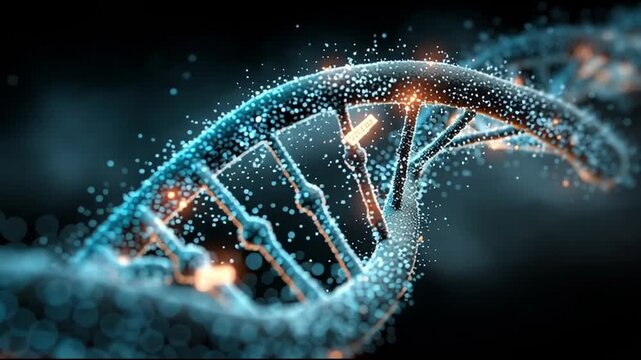 Dynamic visualization of a DNA double helix, showcasing intricate molecular structure with glowing particles, camera smoothly zooms in to reveal details and depth
