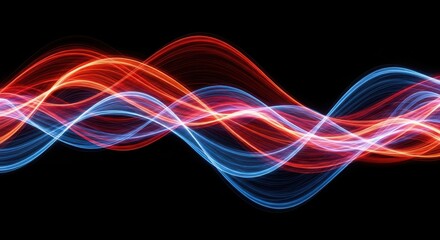 Abstract visualization of glowing red and blue energy waves flowing in darkness, representing data or sound