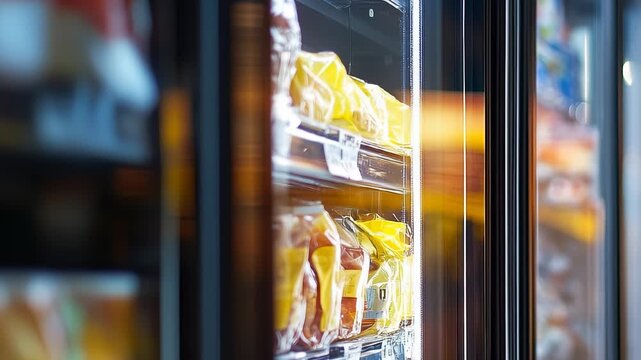 A vending machine displays a variety of snacks, with bright yellow packages prominently arranged on the shelves. The vending machine provides easy access to snacks for those nearby