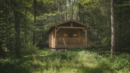 Experience tranquil rural life in a modern timber cabin with a lovely porch, surrounded by lush greenery, ideal for relaxation