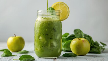 Fototapeta premium Fresh green spinach and apple detox smoothie in a jar with lemon, fiber-dense choice