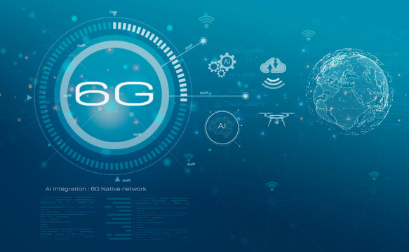 6G technology concept ultra-fast communication, AI-integrated networks, industrial automation. Smart infrastructure combining computing communication creates secure environments for the Internet