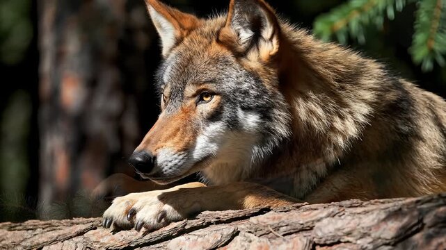 Red Wolf Resting on Log in the Forest, Close Up