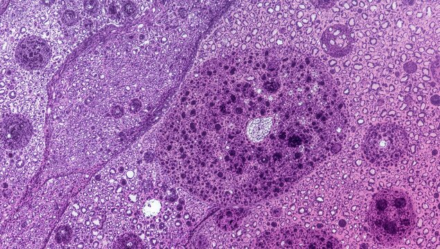 Liver cells stained with H&E showing binucleation and enlarged nuclei, revealing polyploidy with multiple chromosome sets like 4 or 8 times the haploid number.