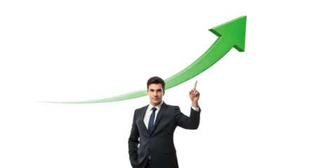 Businessman pointing up at a green arrow on a white background