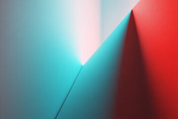 Geometric composition showcases vibrant cyan and intense red lighting on folded planes