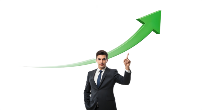 Businessman pointing up at a green arrow on a white background