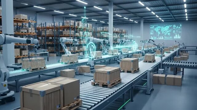 Automated smart warehouse with robotic arms on a production line processing packages and digital data connections - Powered by Adobe