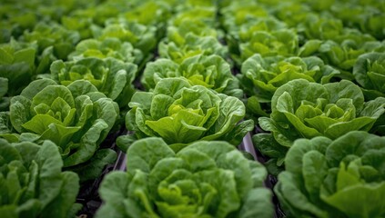 Fototapeta premium Fresh green lettuce leaves in a greenhouse, promoting organic farming practices
