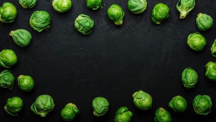 Fresh green veggies and brussels sprouts on a dark backdrop with space for text, representing homemade cooking and nutritious eating