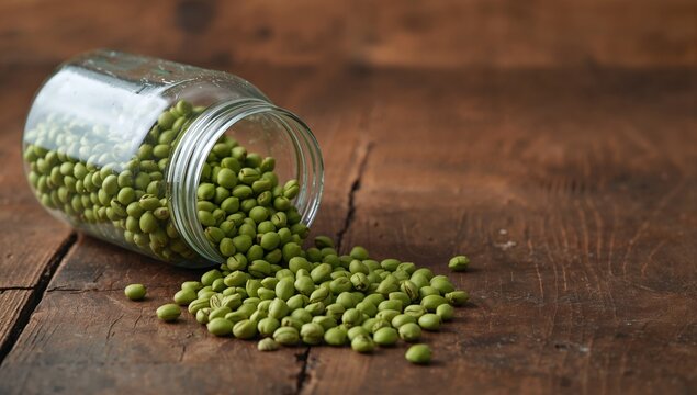 Soybeans spilled from a tipped jar onto a wooden surface