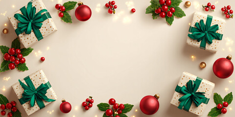 Festive Christmas presents with green ribbon and red ornaments on beige background Holiday season concept with copy space for greeting card or invitation